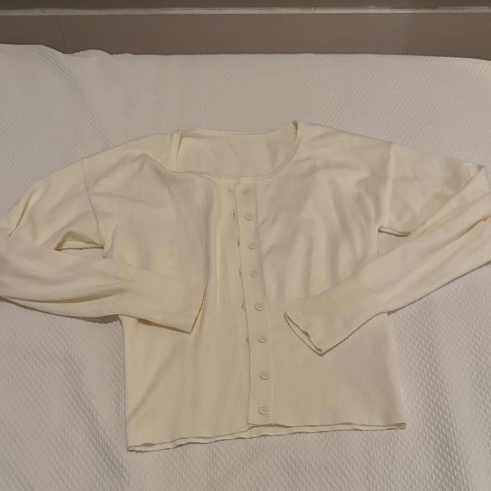 Cream Button-Front Ribbed Knit Cardigan